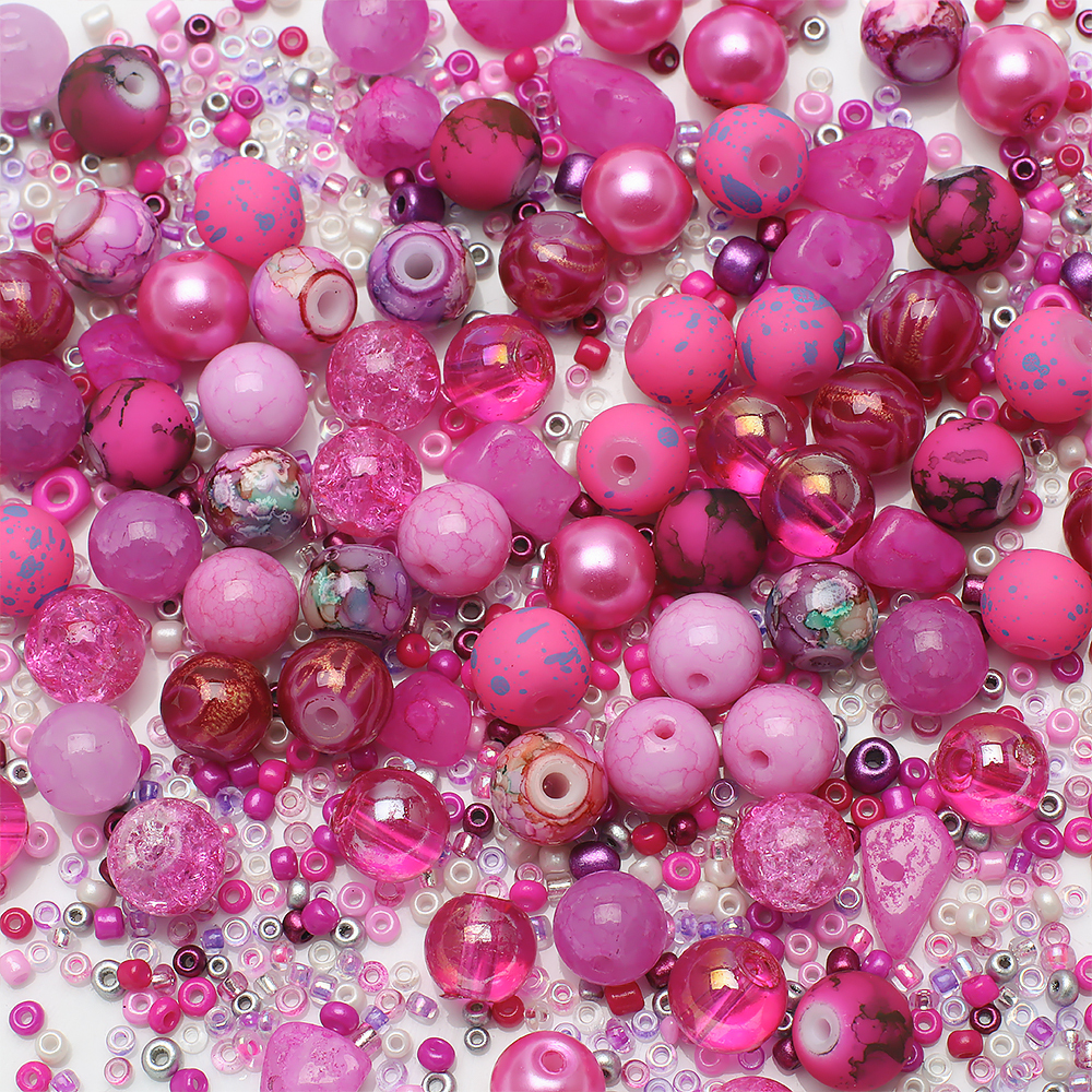Zhubi Fuchsia Glass Beads Seed Beads Mix 8MM Round Patterned Crystal Stone Beads for Jewelry Making DIY Bracelets