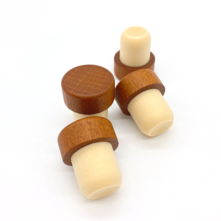 Low MOQ customized T shape beech color wooden top cap wine spirits liquor synthetic cork bottle stopper