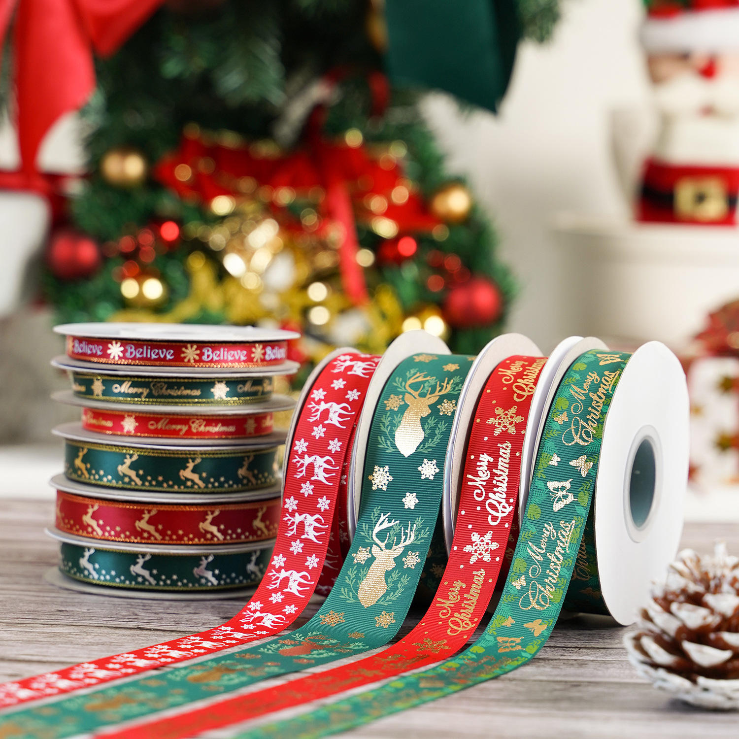 Wholesale Merry Christmas Ribbon Customizable Christmas Wired Ribbon High Quality Ribbon Christmas For Gift Packaging