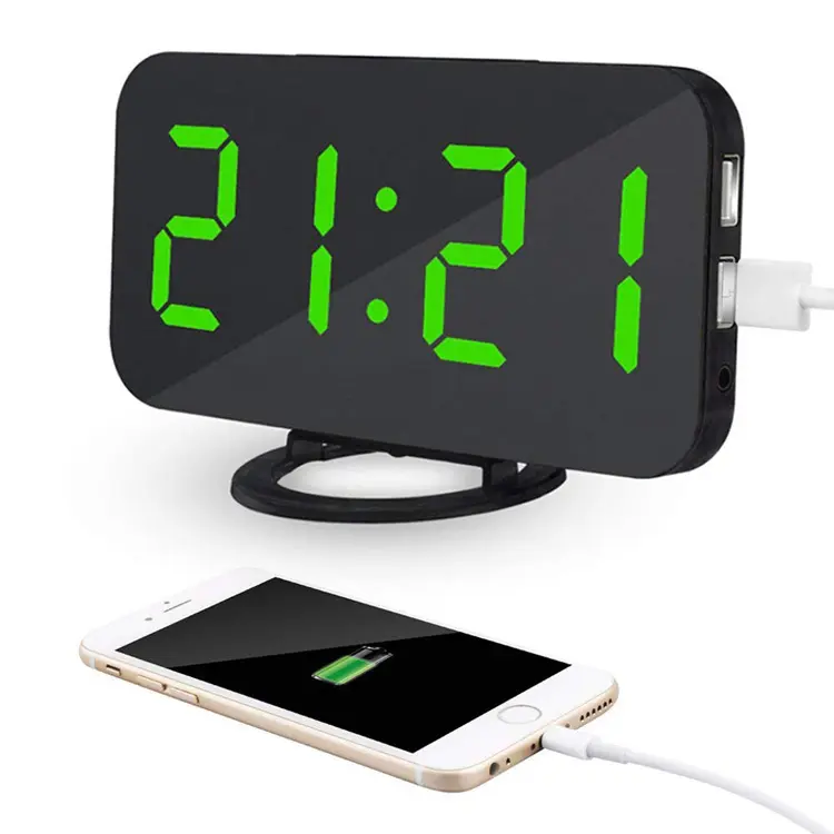 Plastic Electronic Automatic Light-sensitive Clock Bedroom Mirror Surface Digital LED Alarm Clocks With 2 USB Port