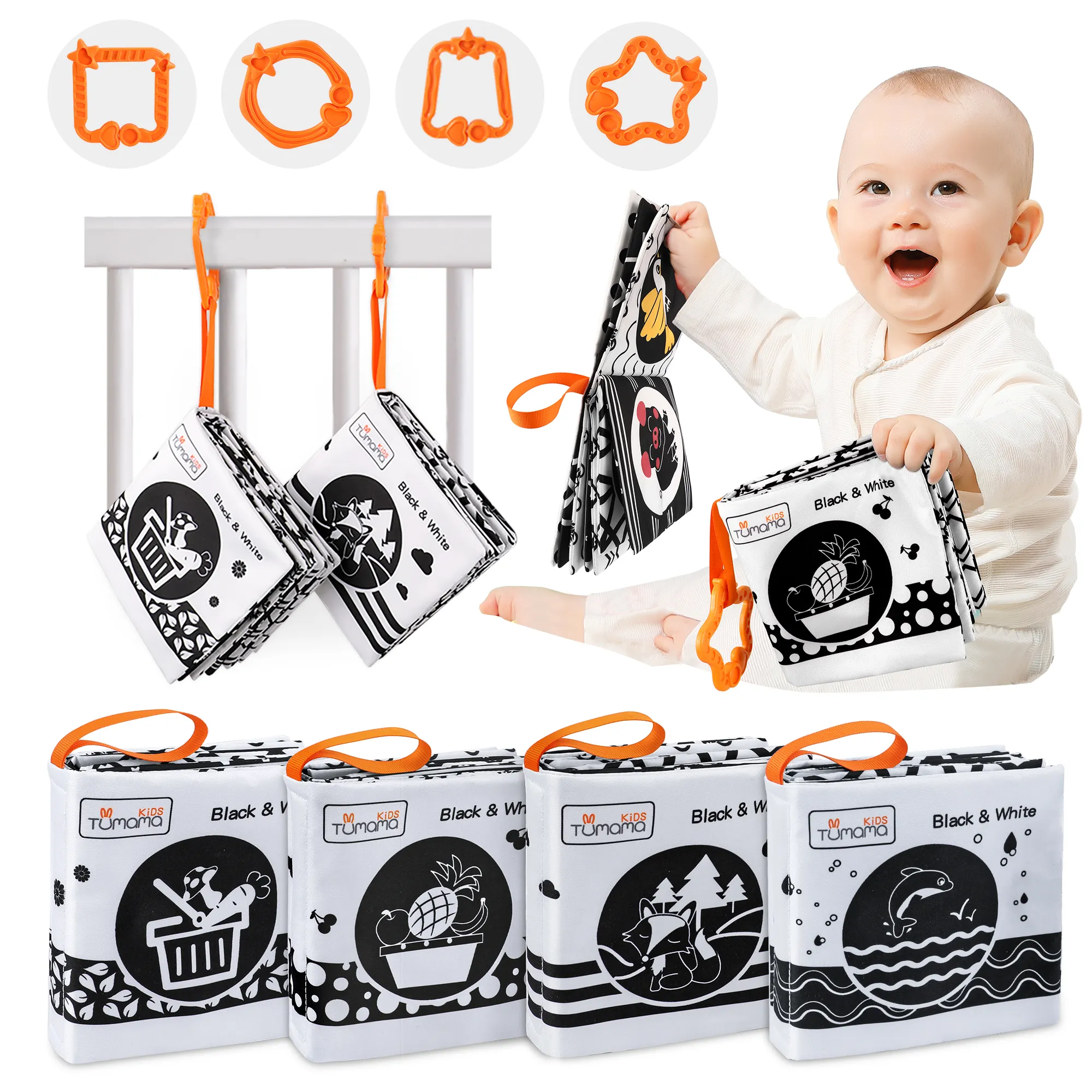 Tumama Wholesale Animal Tail Quiet Children My First Baby Soft Fabric Busy Book Black & White Activity Cloth Baby Book Toys Set