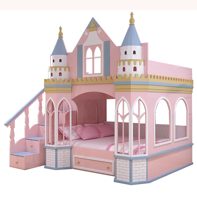 Creative colorful castle bunk bed for kids European furniture modern solid wood single bed with slide and ladder princess bed