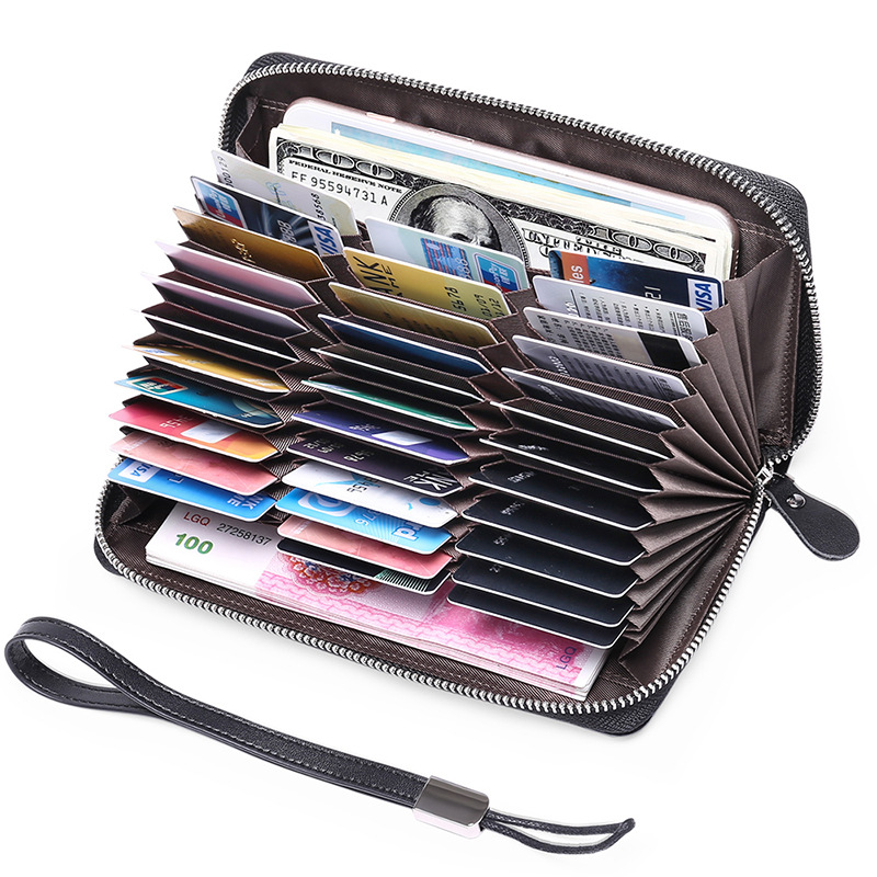 RFID Blocking Large Capacity Business Card Holder Credit Card Organizer Genuine Leather Protector RFID Wrist Wallet