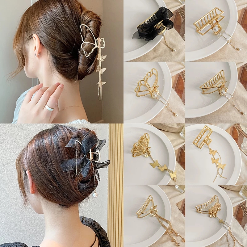 Geometric Hair Claw Vintage Gold Butterfly Long Pendant Hair Clips women fashion Hair Accessories