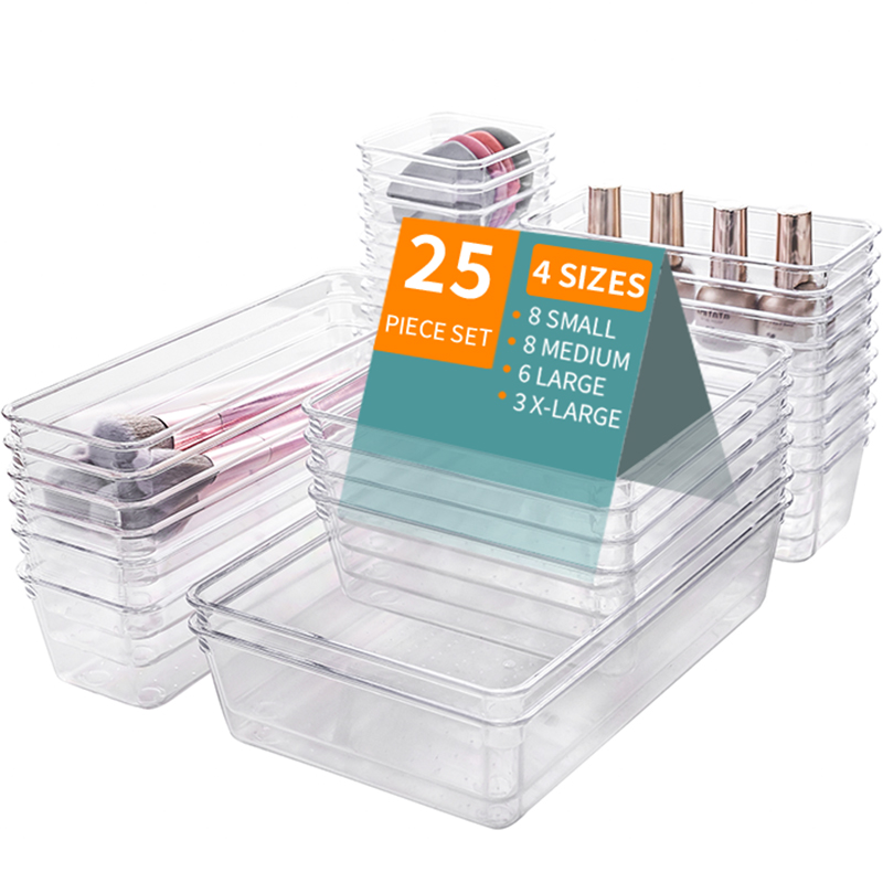 16 25 PCS Clear Plastic Set 4 Sizes Desk Drawer Divider Organizers Bins for Makeup Jewelry Kitchen Bathroom Office Storage box