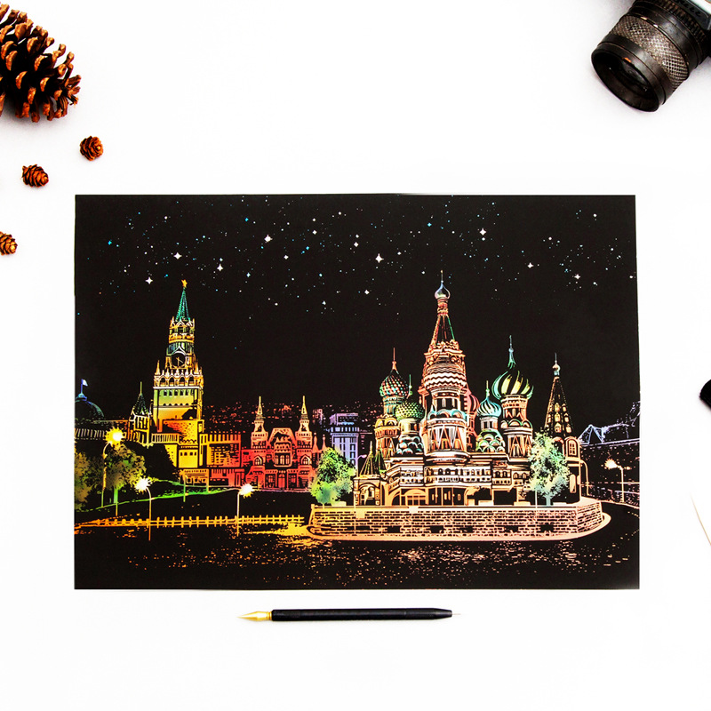3D царапинам открытка гравировка Diy вид города царапинам ночь Радуга Scratch Art бумага