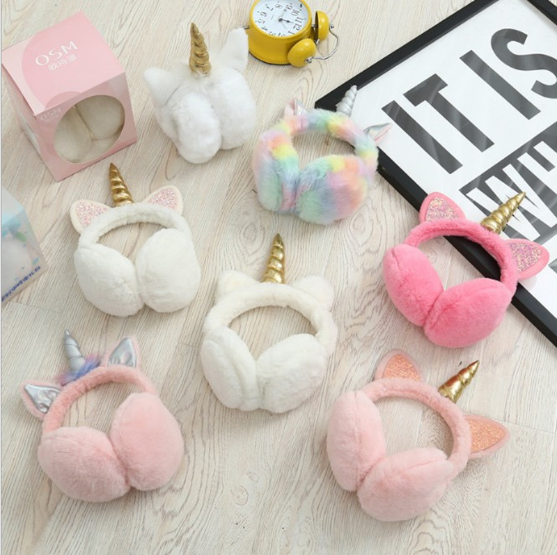 Wholesale girls winter cute faux fur unicorn earmuffs