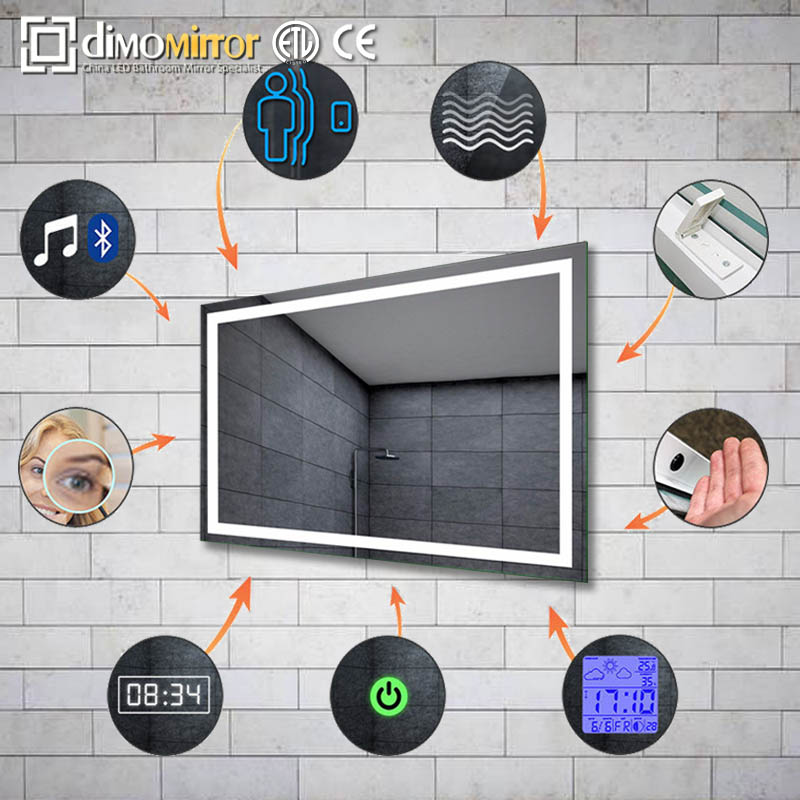 Светодиодный сенсорный экран для ванной комнаты, умное зеркало с Bluetooth/Радио/часами/температурой