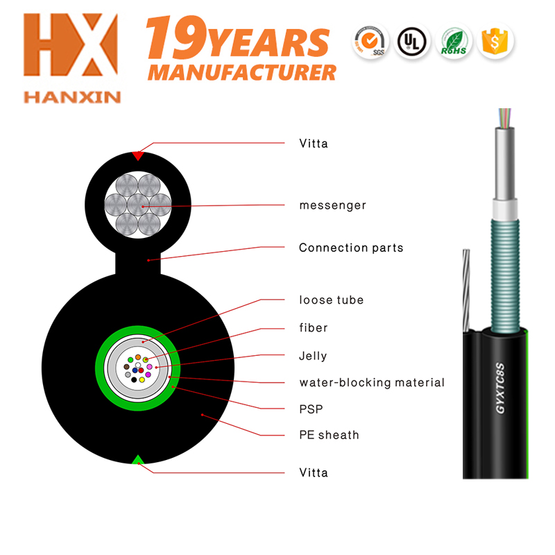 Оптовая продажа из Шэньчжэня Hanxin, оптовая продажа, оптовая цена, оптовая продажа, наружный кабель GYXTC8S с одной оболочкой, 12, 24, 48 ядер