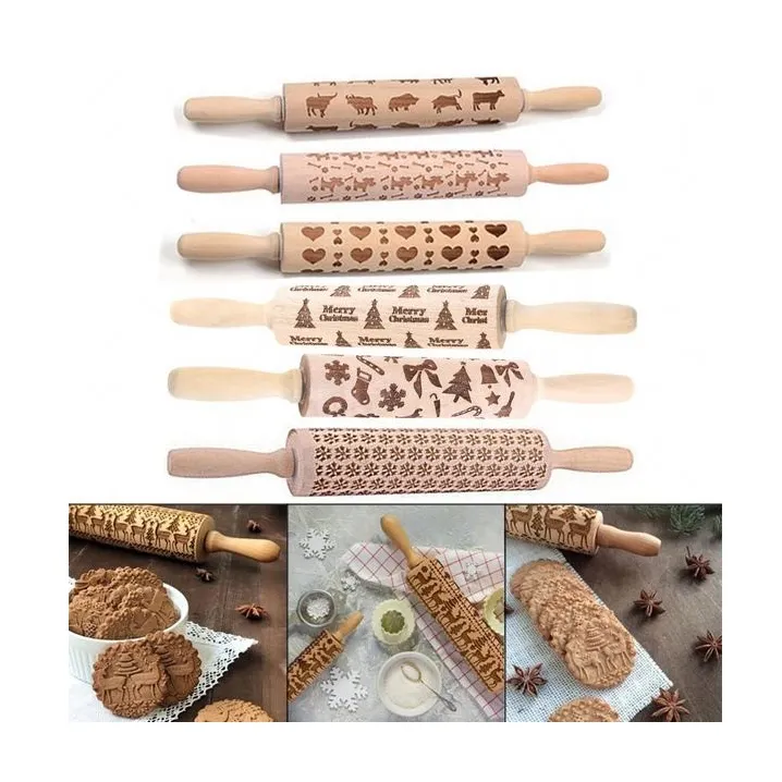 Rolling pin wood with animal dog patterns for baking fondant Bread roller Cradle christmas embossing rolling pin