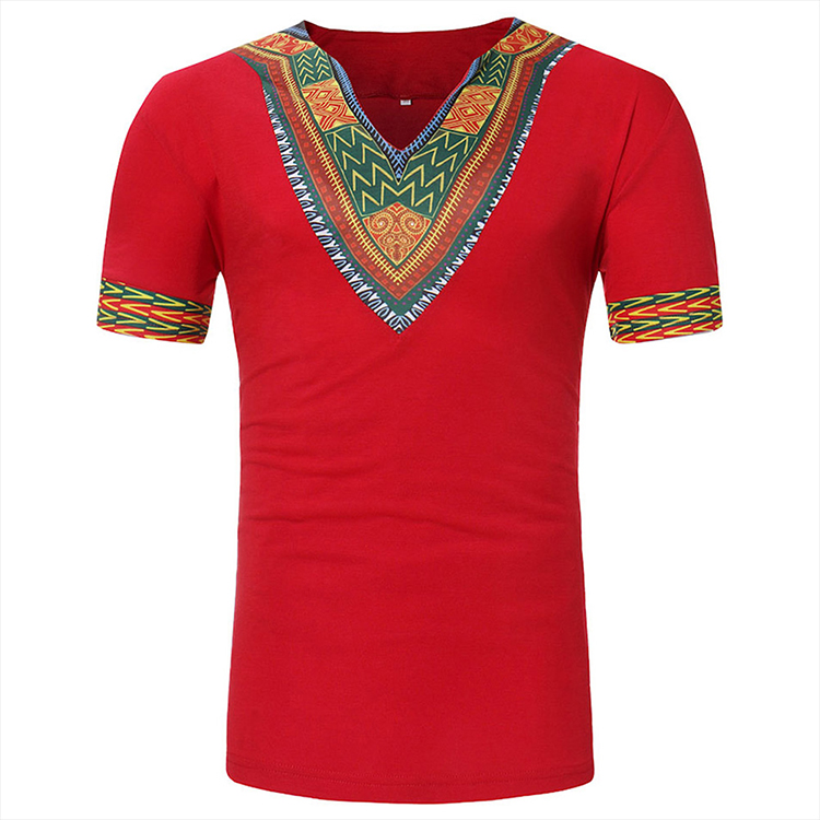 Fashion Red Short Sleeve African Print Male T-Shirt For Young Men