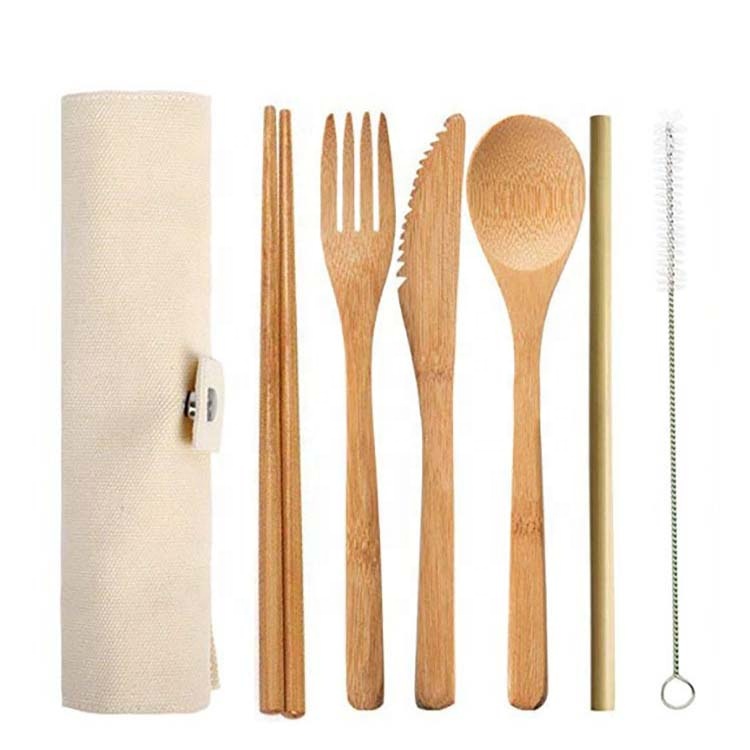 2019 Fashion White 6PC Custom Logo Combination Bamboo Knife Fork Spoon with Cloth Bag