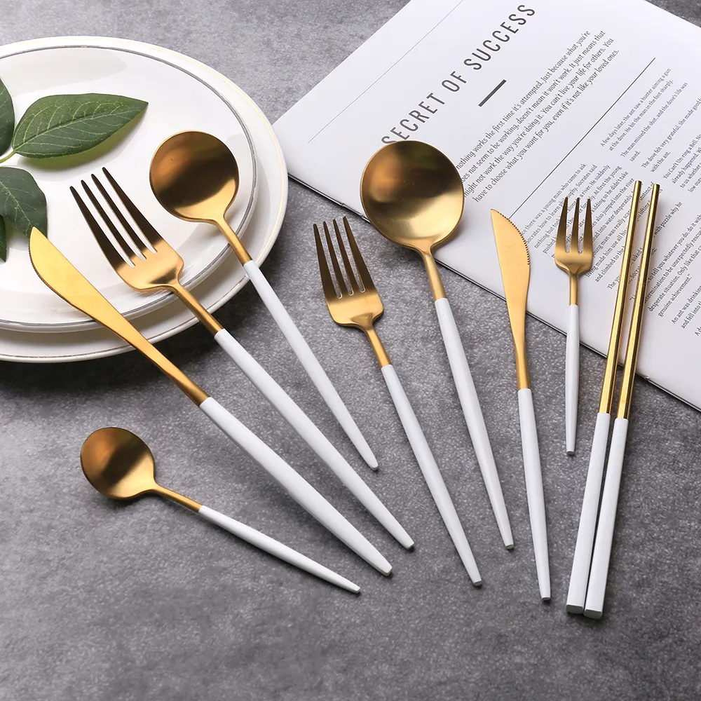 High quality 304 stainless steel salad serving fork white gold flatware