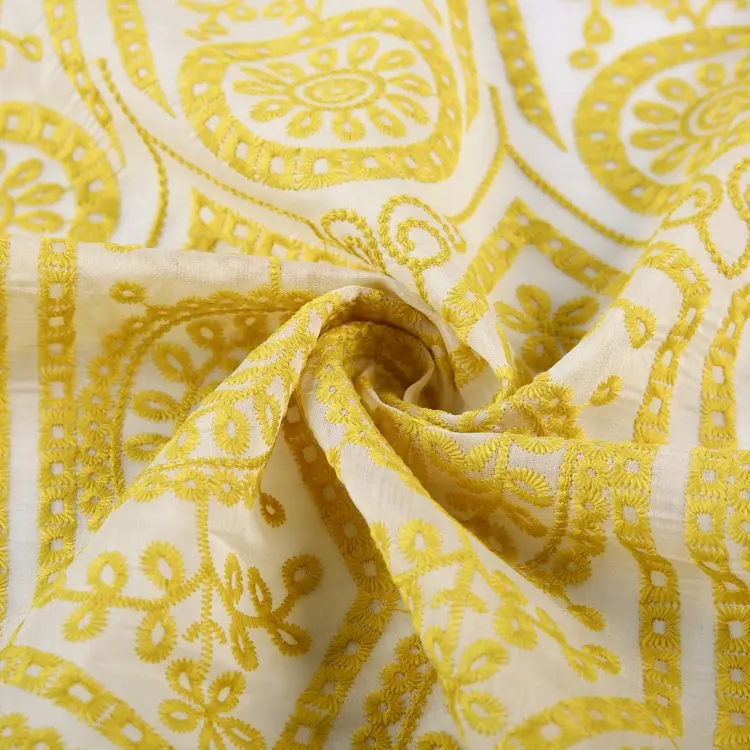 Latest 100% polyester woven soft organza yellow africa embroidered fabric