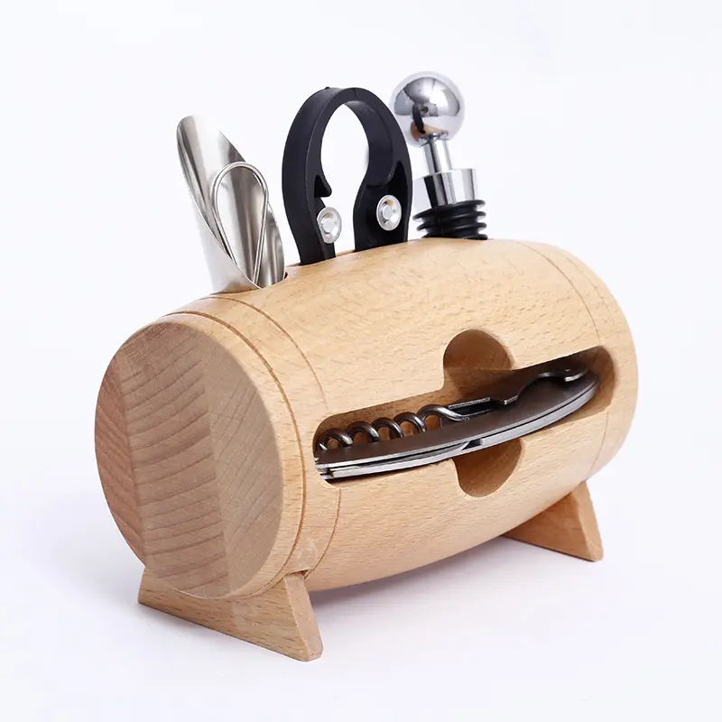 Wine tool 4pcs set with a wood barrel holder