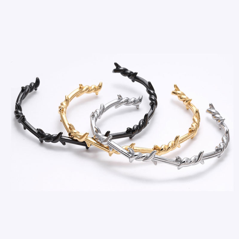 2021 Fashion Women Jewelry Cuff Open Bangle Bracelet Stainless Steel Barbed Twist Wire thorn adjustable bangle for men