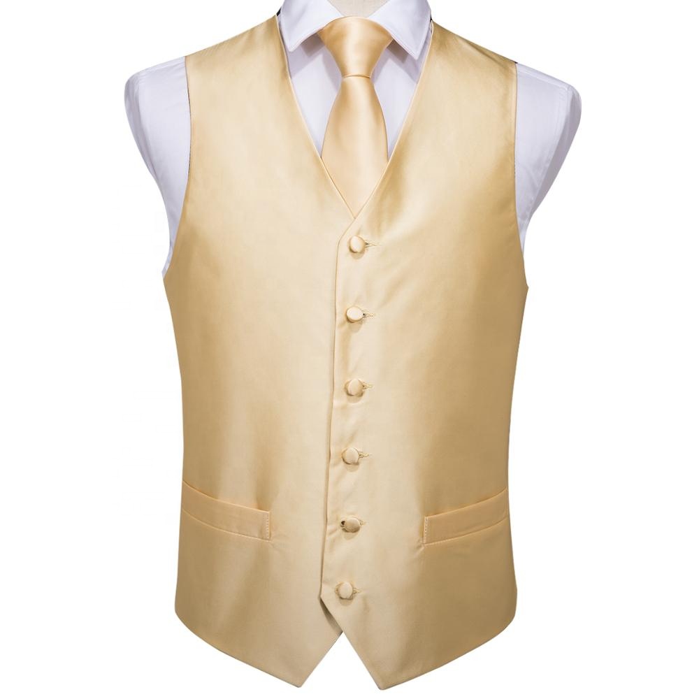 Wholesale Silk Gold Yellow Plain Vest Tie Pocket Square Mens Waistcoat Set
