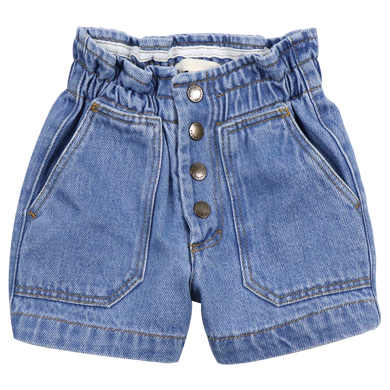 Boutique girls outfits vintage blue denim elastic waist kids jeans shorts with patch pockets