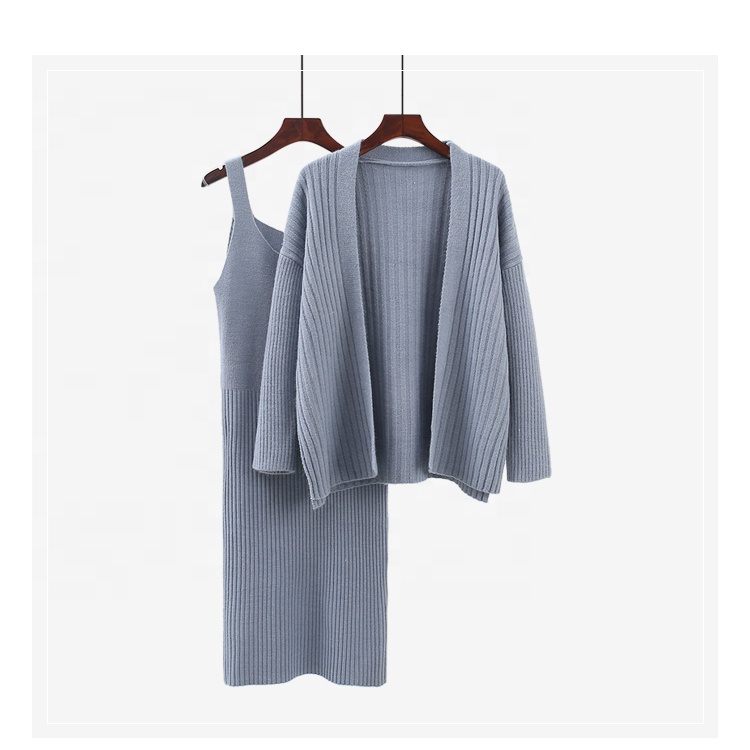 Women's Knitted Square Collar Slip Dress 2 Pieces Set With Long Sleeve Cardigan Sweater Coat