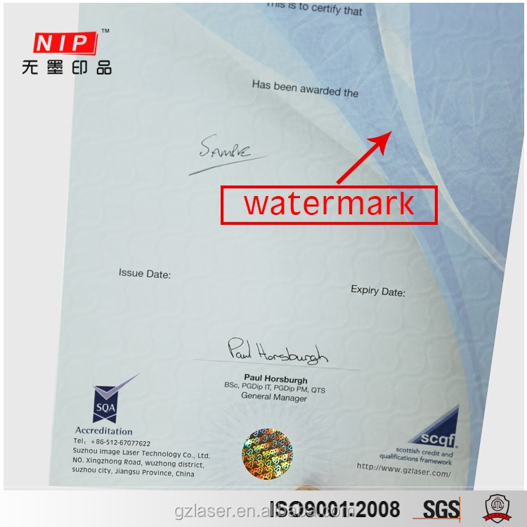 Бумага watermark безопасности голограммы А4 с uv и штамповкой логотипа
