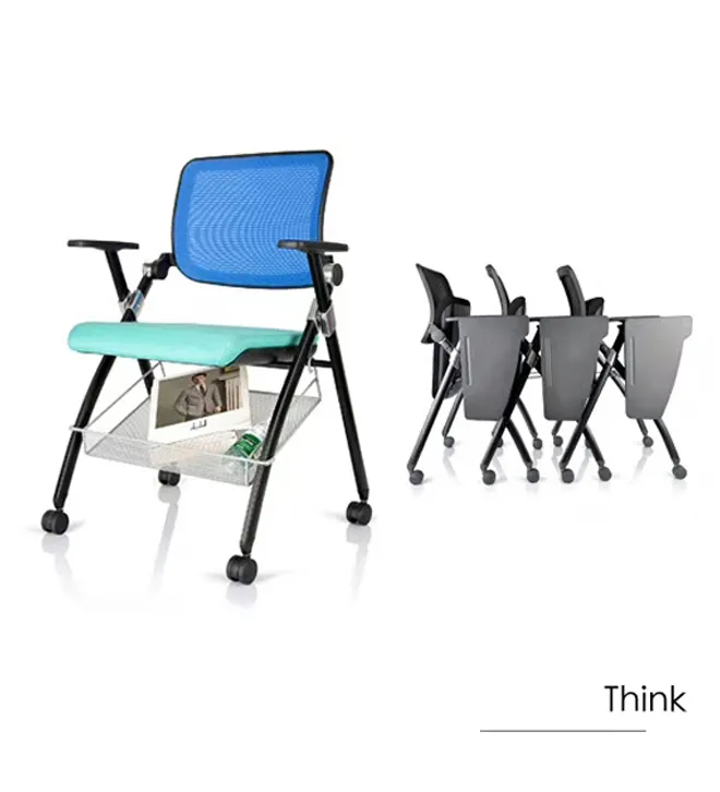Black steel frame folding chair with big area book rack and caster for easy moving for training and waiting room