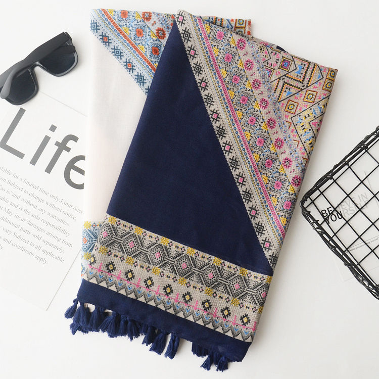Hot selling geometric print tassel long scarf twill women hijab muslim navy rhombic full printed turban head wrap