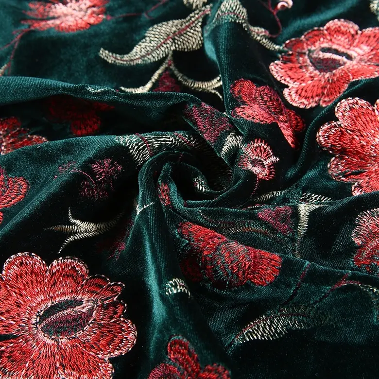 Custom design floral embroidered american green velvet fabric wholesale for clothes