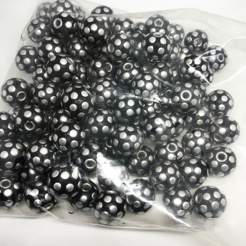 Handmade Black Base Silver Dot Round Rondelle Polymer Clay Jewelry Spacer Beads
