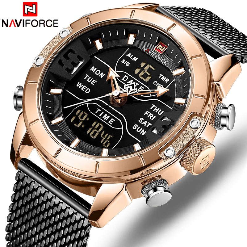 Часы наручные NAVIFORCE мужские с сетчатым ремешком, брендовые Роскошные спортивные водонепроницаемые в стиле милитари, с двойным дисплеем, 30 м, 9153