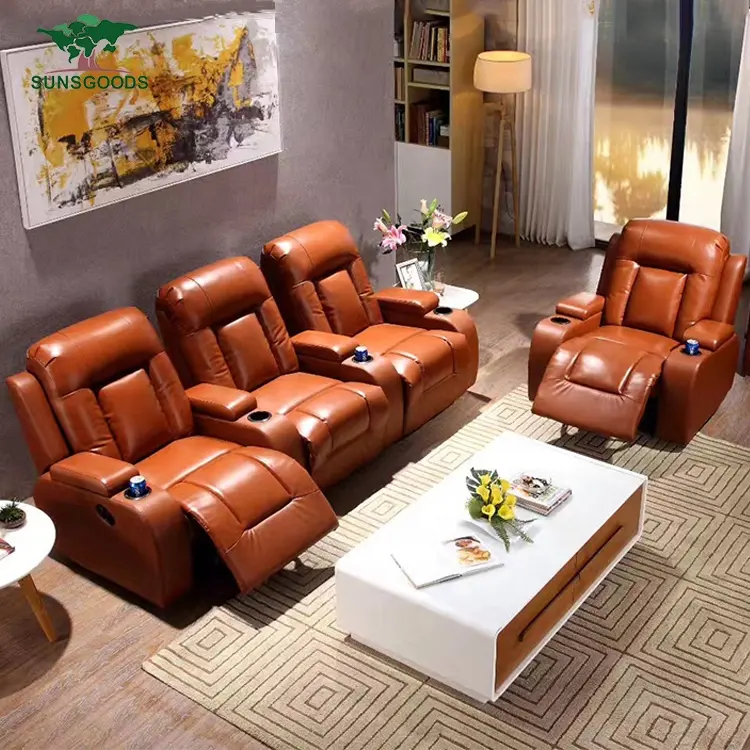Custom top grain genuine leather electric recliner sofa set 4 3