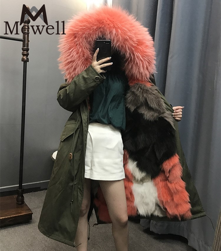 Италия Стиль Съемный Fox Fur Lining Пальто Fox Fur Воротник Куртка Зимние женщины Real Fur Parka