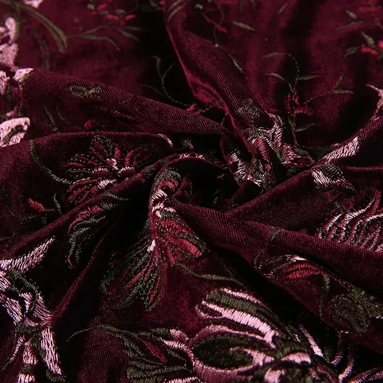 Cheap fashion embroidery high quality french wine red velvet fabric for dress