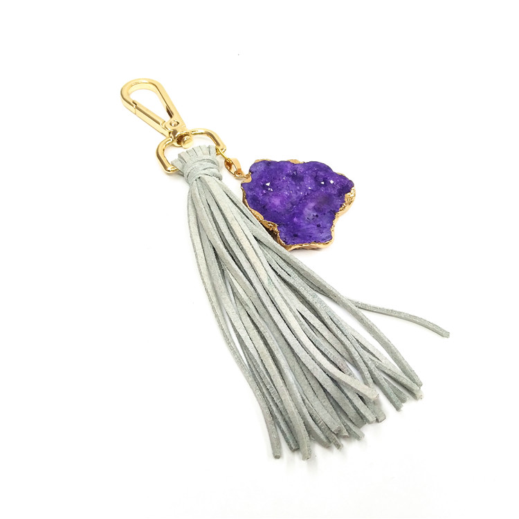 Hight quality gemstone leather tassel key chain , Leather tassel with gemstone for bag