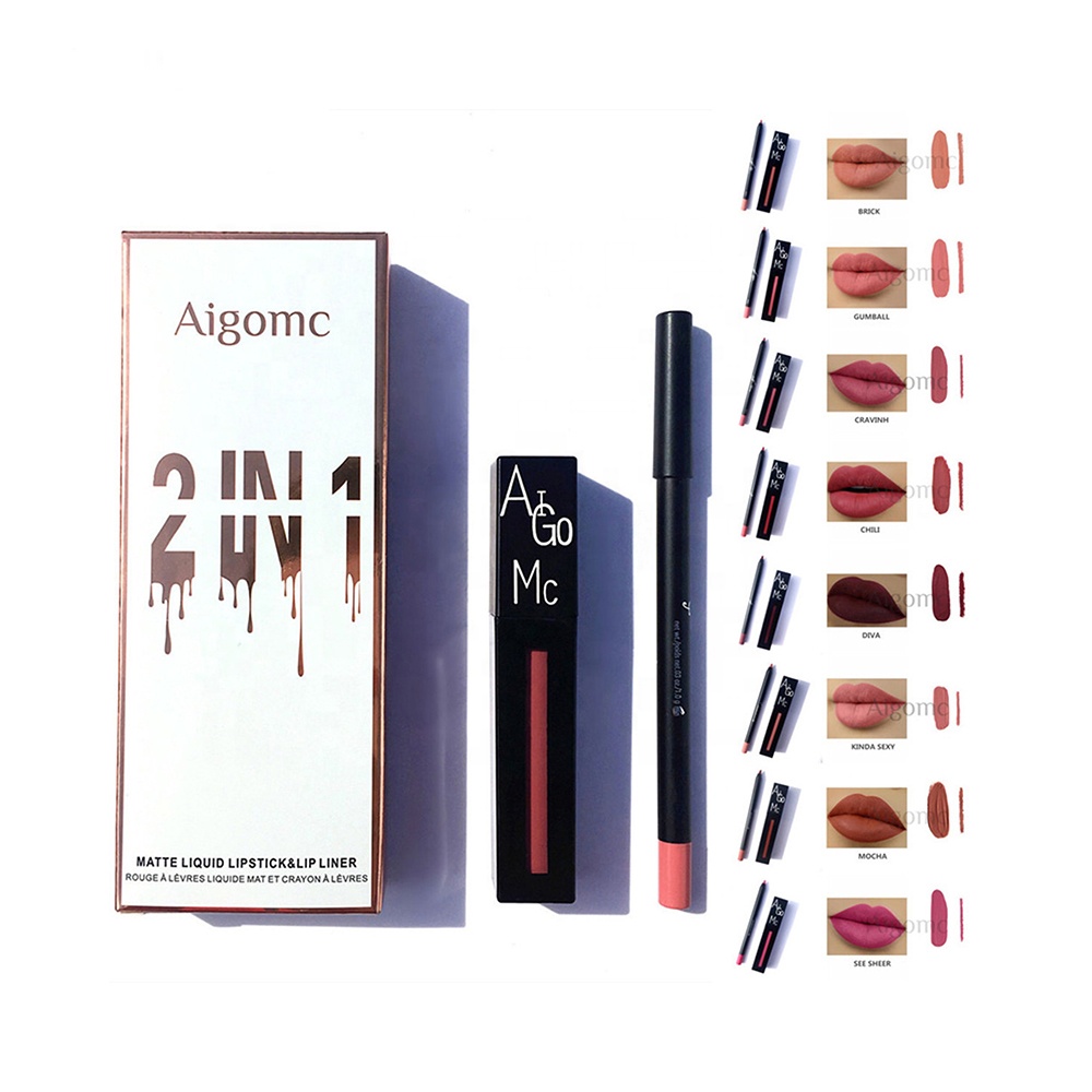 AIGOMC Макияж матовая антипригарным чашки губная помада блеск для губ с губ лайнер 2in1 Lipgloss Набор