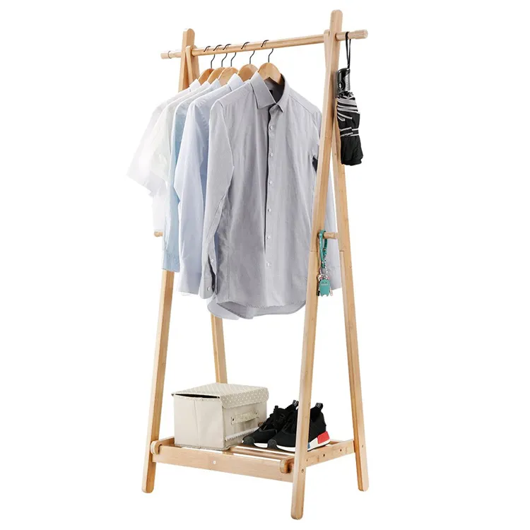Bamboo Clothes Hanging Rack with Storage Shelves and 2 Coat Hooks Portable Laundry Rack Cloest Organizer Garment Rack