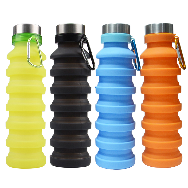 550ml/17oz BPA FREE sport fitness collapsible silicone water bottle with carabiner with stainless steel304 cover bottle climbing