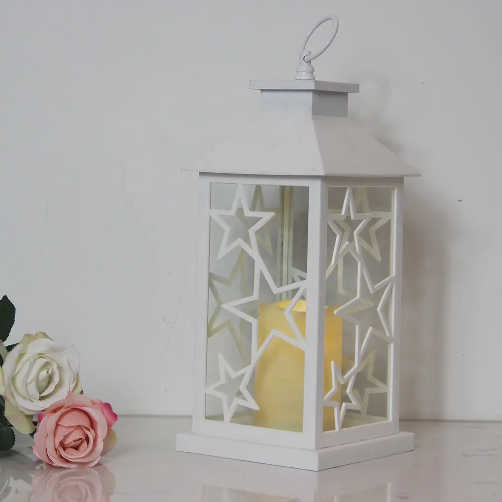 WHITE PLASTIC STAR PATTERN LANTERN WITH LED CANDLE INSIDE, BATTERY OPERATED, FOR CHRISTMAS DECOR