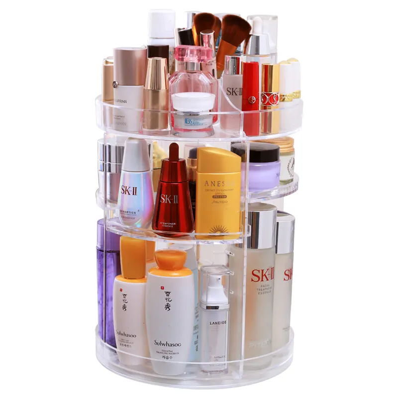 Factory 360 Rotating high-quality Round 3 tier Clear Transparent Acrylic Cosmetic Storage Box Makeup Organizer