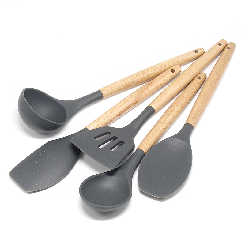 Food Grade Silicone 9 pieces Silicone Kitchen Utensils Cooking Spoon with wood handle Set