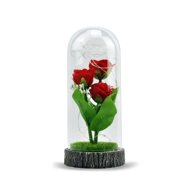 rose flower inside with led light glass dome with resin base