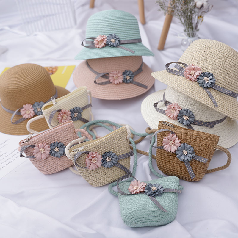 Оптовая продажа обувь для девочек Sunhat соломы Цветок кепки пляжная одежда крючком соломенная шляпа с милой сумкой