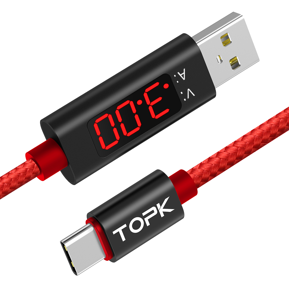 Бесплатная доставка TOPK светодиодный ток дисплей нейлоновый Плетеный USB Type C кабель зарядного устройства для телефона