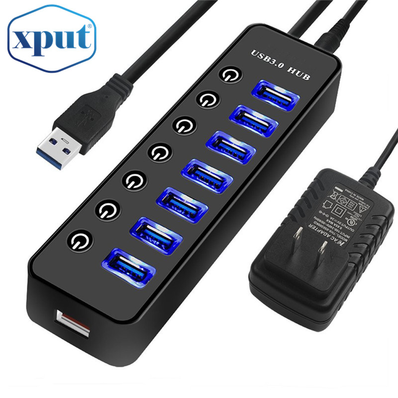 USB концентратор 3,0 разветвитель, 7 порт USB для передачи данных, USB концентратор с адаптером питания и порт для зарядки доступными, индивидуальные вкл/выкл переключателей и подсветка для ноутбука