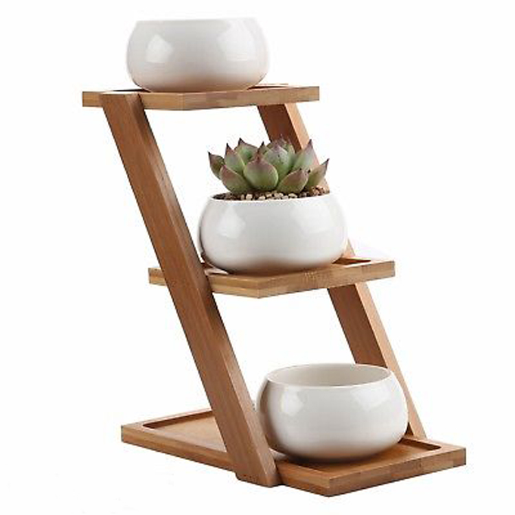 3 Tier Bamboo Small Planter Pot Stand Succulent Cactus Decorative Wooden Display