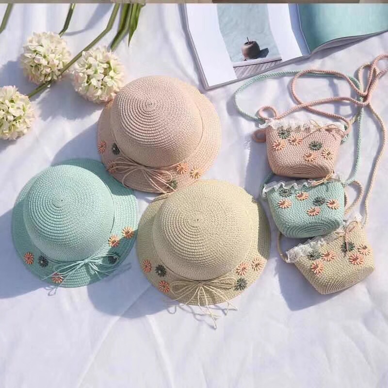 Wholesale Girls Summer Sunhat Straw flower cap Beach wear crochet beanie with matching bag set Mommy&Me Straw hat