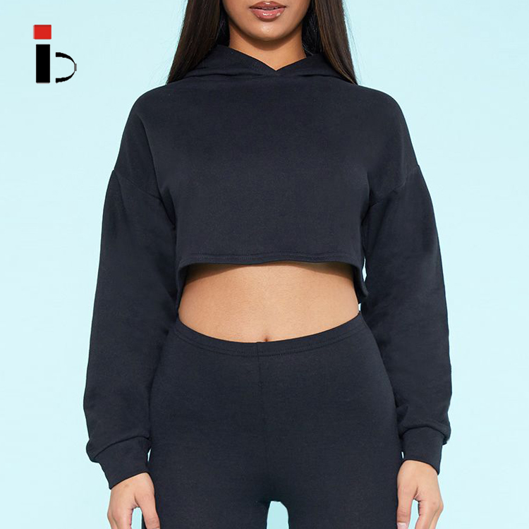 Custom Black Cotton French Terry Crop Hoodie