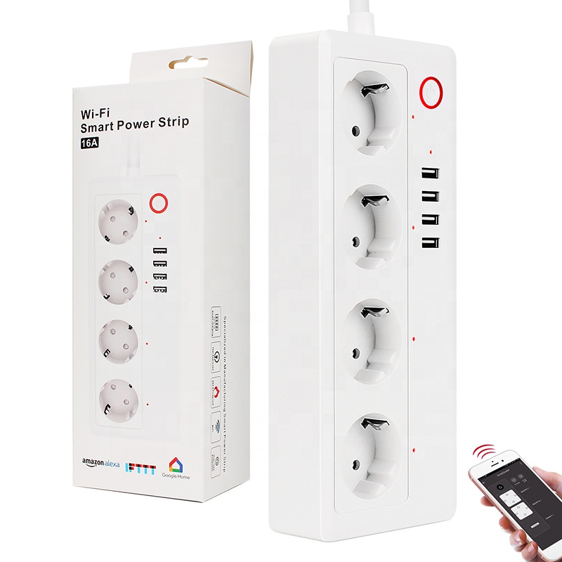 Отличное качество 16A 4 розетки Tuya Timer смарт-розетка ЕС Smart Wifi удлинитель с 4 USB зарядное устройство