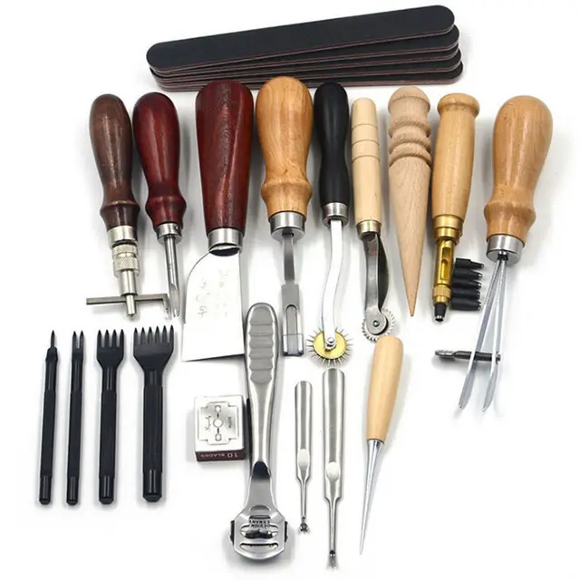 18 Pieces/Set Leather Craft Tool Punch Kit Stitching Carving Working Sewing Saddle Groover DIY Drilling Grinding Needle Buckle