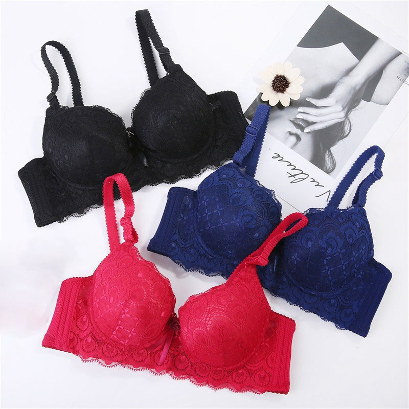 Adjustable Lace Gathered Lace Embroidered Bow Solid Color 3/4 Cup Bra