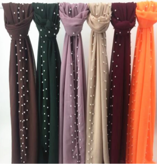 Popular pearl chiffon hijab solid color shawls with beads women shawls scarves